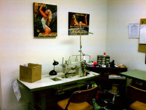 sewing machine station at brigitewear international swimwear production facility in palm desert, ca, usa